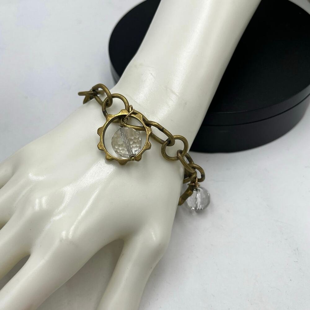 Vintage Style Clear Faceted Quartz Crystal Charm Bracelet Brass‎ Tone  7.5"